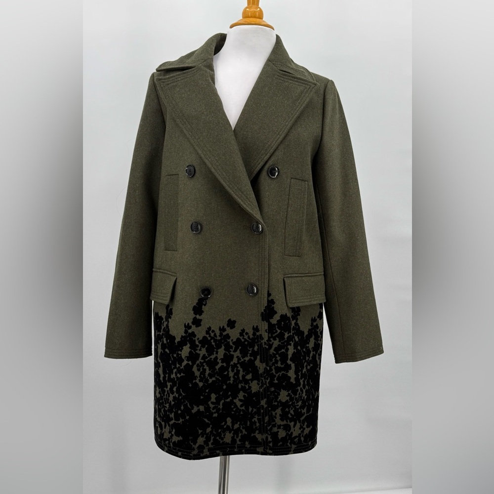 Banana Republic Flocked Hem Pea Coat Wool Velvet Green Double Black Medium NEW